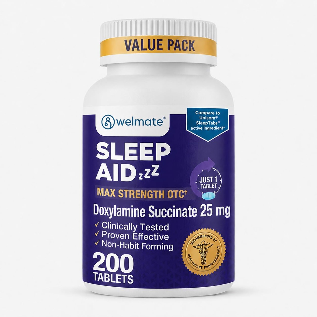 WELMATE - Nighttime Sleep Aid - Doxylamine Succinate 25 mg - Yetişkinler ve Çocuklar için 12+ - 200 Tablet