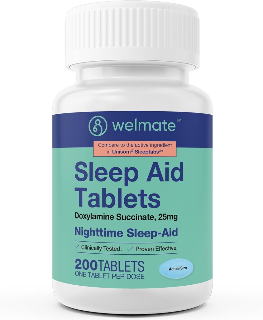WELMATE - Nighttime Sleep Aid - Doxylamine Succinate 25 mg - Yetişkinler ve Çocuklar için 12+ - 200 Tablet
