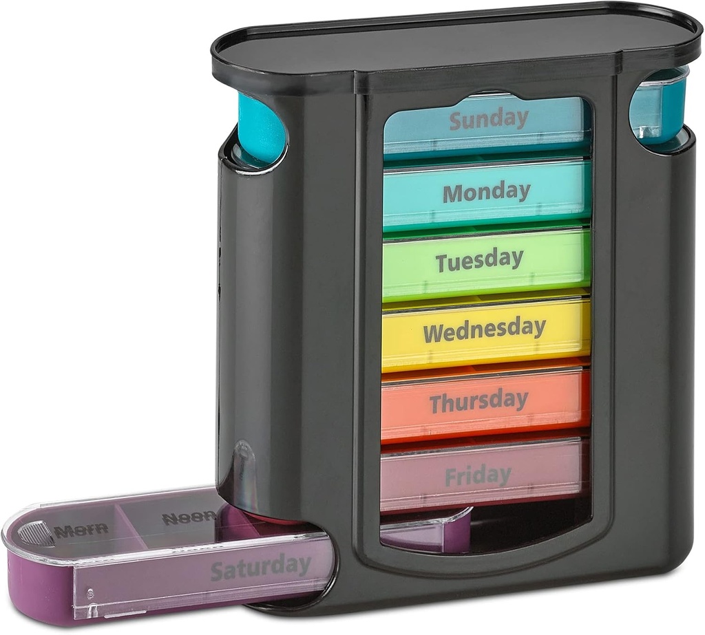 Haftalık Pill Organizer, 1 yapıştırıcı, 7 Stackable Karşılaştırmalar Four Times-a-Day - Morning, Noon, Evening, ve Bedtime, Black