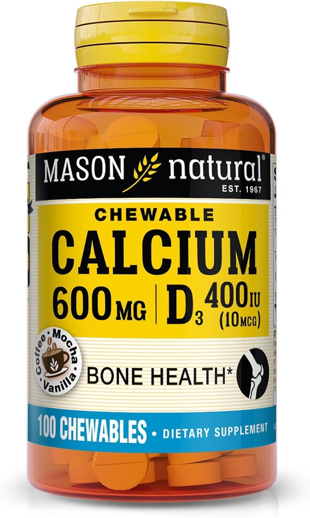MASON NATURALuba 600 mg ile D3, 100 Day Supply, Sağlıklı Kemikleri ve Normal Kas Fonksiyonu, Kahve Mocha Flavor, 100 Chewables