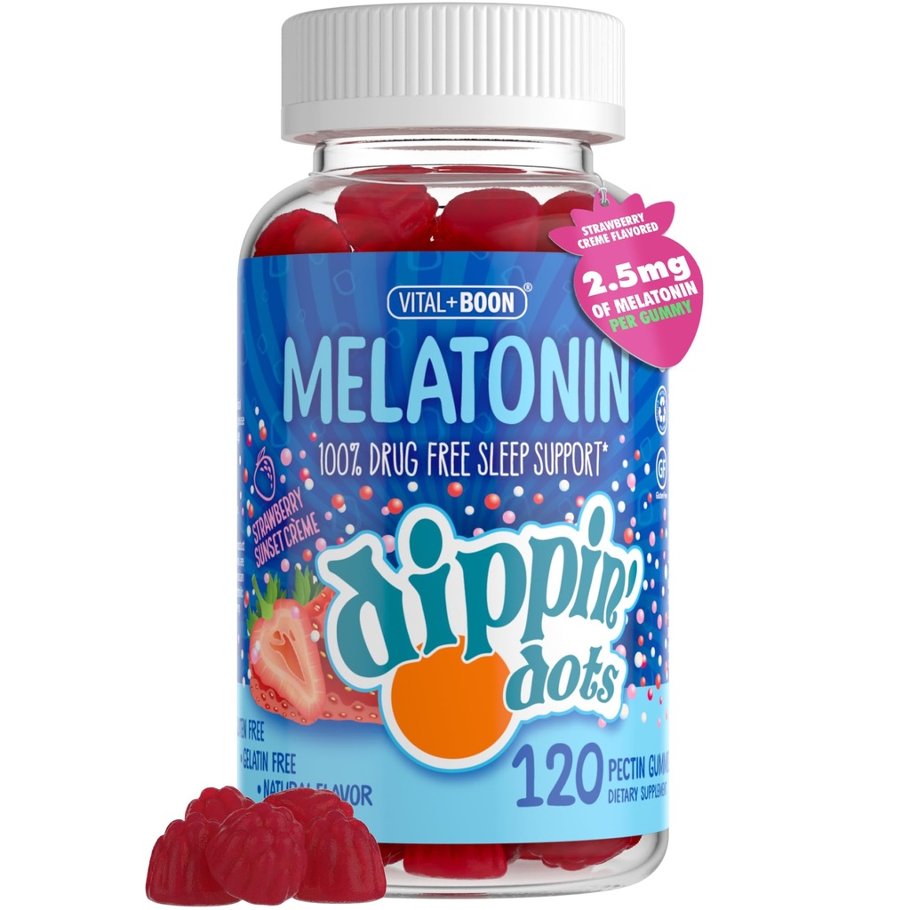 Dippin Dots - Melatonin Gummies for Kids & Adults (60 Days Supply) Strawberry Sunset Creme Flavor | 2.5mg Per Kids Melatonin Supplement for Faster, Longer Sleep | Gummies for Children (120 Count)
