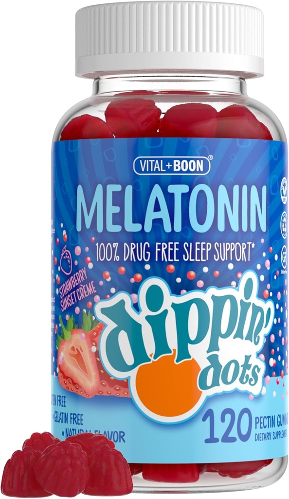Dippin' Dots - Melatonin Sleep Support Gummies (120 Count) Strawberry Sunset Creme Flavor Chews | 2.5 mg Per Gummy Sleep Supplement for Children and Yetişkinler | Supplement for Faster & Longer