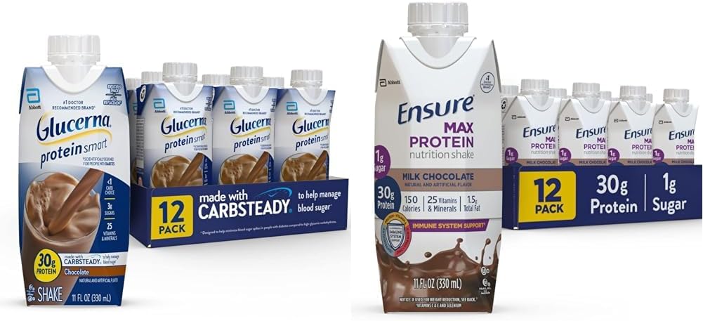 Glucerna Protein Smart Nutritional Shake & Ensure Max Protein Nutrition Shake with 30g of Protein, 1g of Sugar, High Protein Shake, Milk Chocolate, 11 Fl Oz (Pack of 12), Liquid, Halal