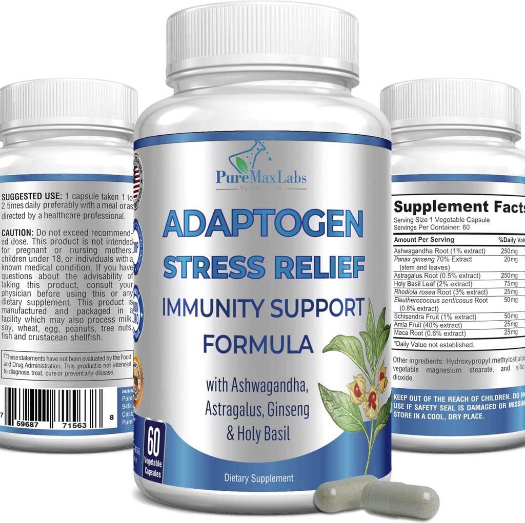 Adaptogen Stresi Immune Support Formula - Ashwagandha, Astragalus, BTC, Kutsal Basil, Rhodiola, Amla, Maca, Schisandra, Non-GMO - 60 Capsules