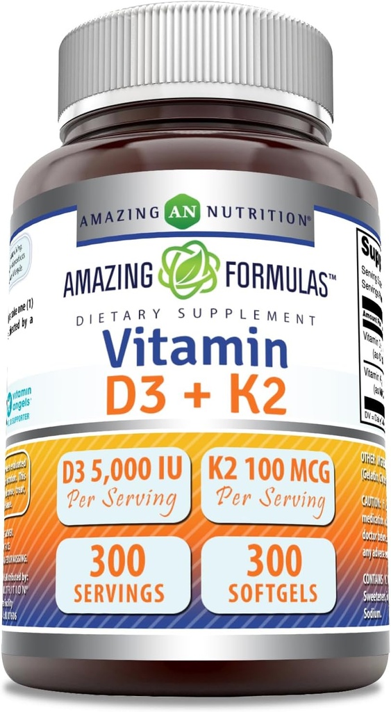 Amazing Formulas Vitamin D3 5000 IU ile K2 100 Mcg | D3 + K2 Kompleksi Tamam | Softgels | Non-GMO | Gluten-Free | ABD'de Made ( Pack, 300 Count)
