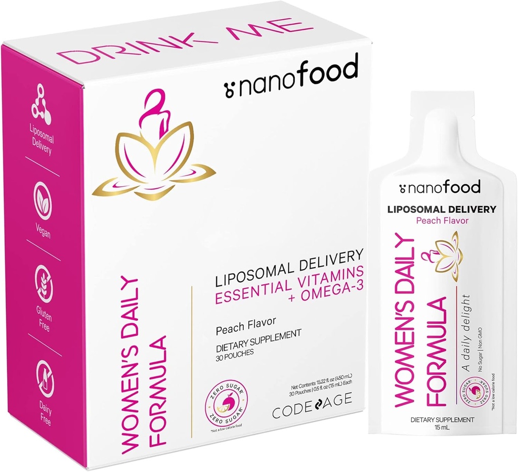 Kodage Liposomal Women's Daily Vitamins Liquid Pouch Formula, Vegan Omega-3 Sıvı Multivitamin Supplement, Biotin, Vitamins A, B, C, D, E, Riboflavin, Berry - Non-GMO - 30 Pouches
