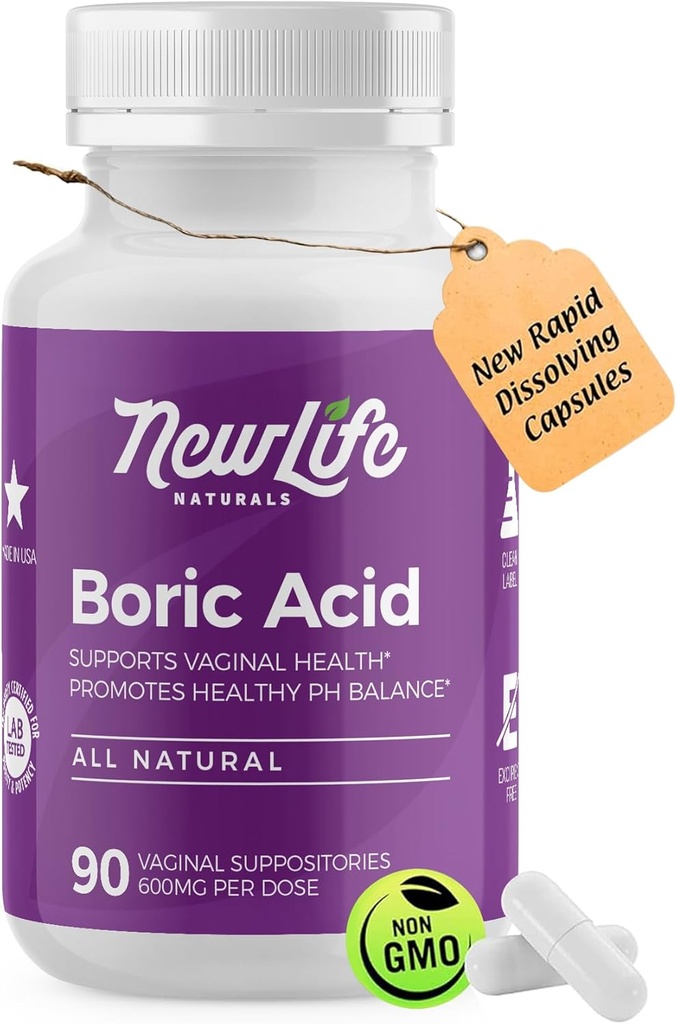 NewLife Naturals - Ιατρικός Βαθμός Βορικού Οξέως Κολπικές Υποθεσίες - 600mg - 100% Αμιγής Γυναικεία Χάπια Ισορροπίας pH - Μόλυνση Μαστού, BV - 90 Κάψουλες: Κατασκευασμένο στις ΗΠΑ