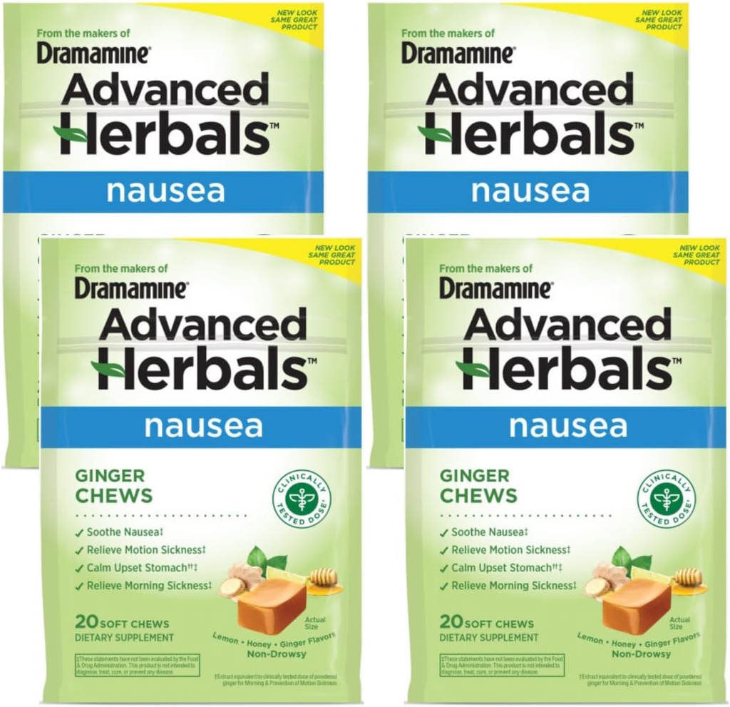 Dramamine Ginger Chews, Helps with Nausea, Lemon Honey Ginger Flavor, 20 Μαλακά Chews (πακέτο των 4)