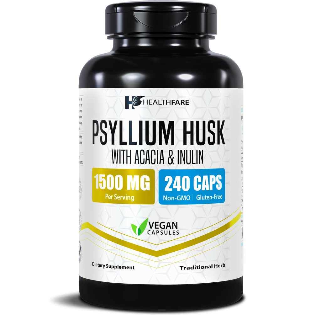 Healthfare Psyllium Husk Fiber 1500 mg | 240 Vegan Capsules | Ekstra Güçlü Fiber Supplement | Destekler Digestive Health | Non-GMO, Gluten-Free | Made in USA