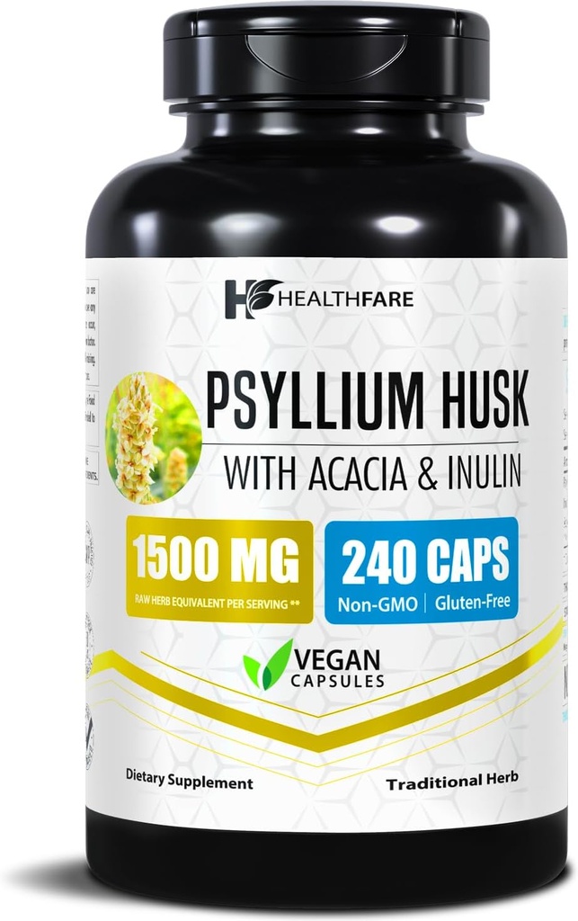Healthfare Psyllium Husk Fiber 1500 mg | 240 Vegan Capsules | Ekstra Güçlü Fiber Supplement | Destekler Digestive Health | Non-GMO, Gluten-Free | Made in USA