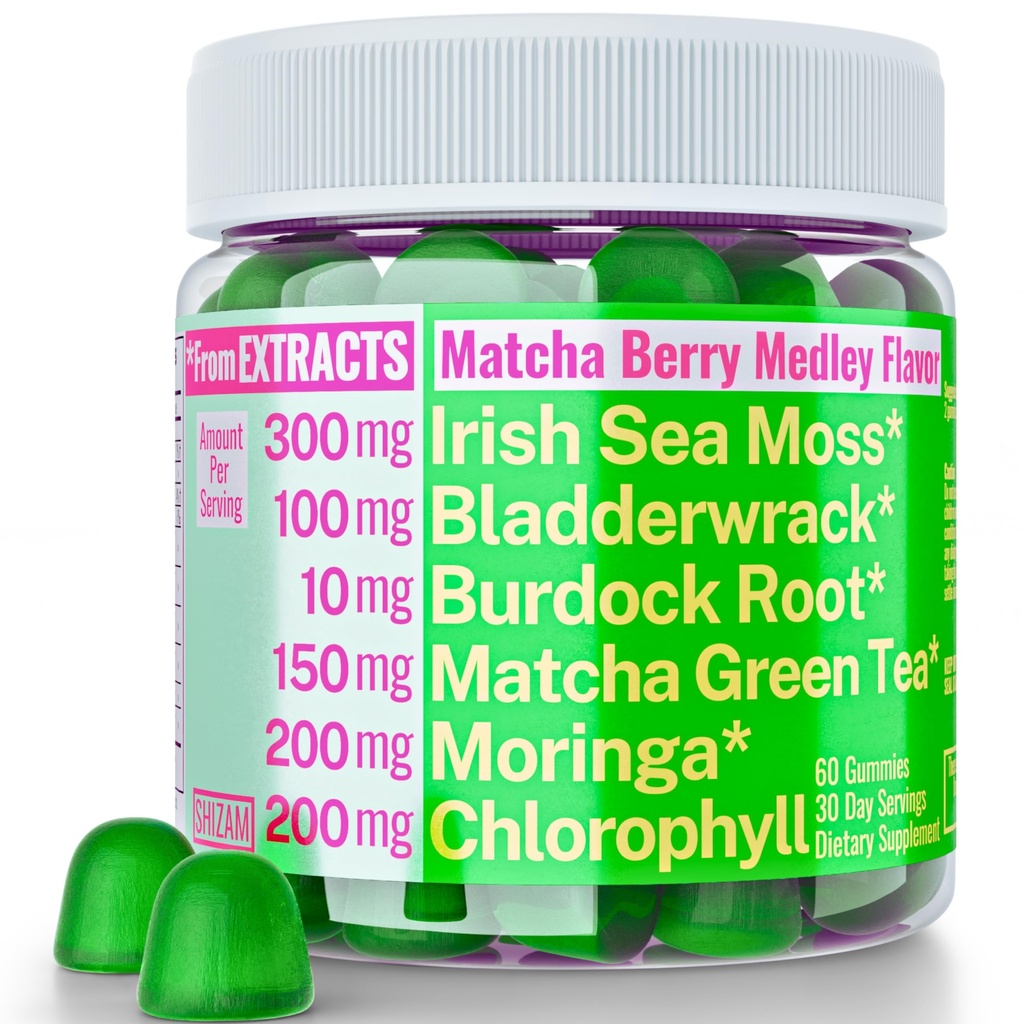 Moringa Irish Sea Moss Chlorophyll EGCg Green Tea Burdock Root Bladderwrack Super Greens Gummies, Toz Capsules Pills Liquid Drops Oil Tincture Supplements Alt, Organik Green Seamoss