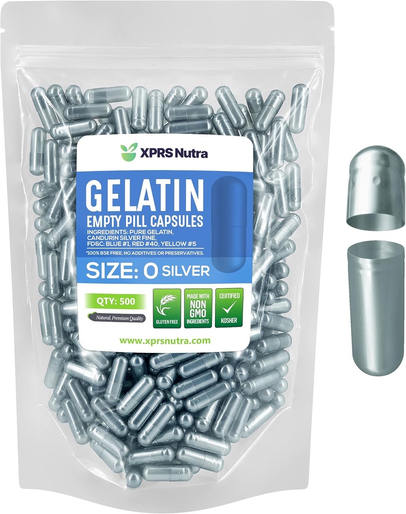 XPRS Nutra Boyutu 0 Boş Kapsüller - 500 Kont Boş Gelatin Capsules - Pills DIY Capsule - Pure Bovine Pill Gel Caps For Do-It- Yourself Supplements (Silver)