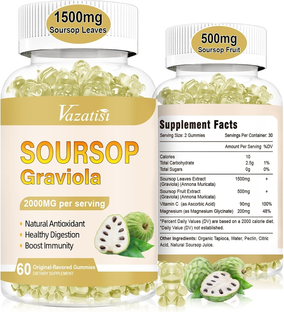 2 Pack Soursop Graviola Gummeis, Organik Soursop Hücre Desteği ve Rejenerasyonu için Geri Döndü, Immune Boost, Digestive Aid, Sugar Free/Vegan, Original Flavor