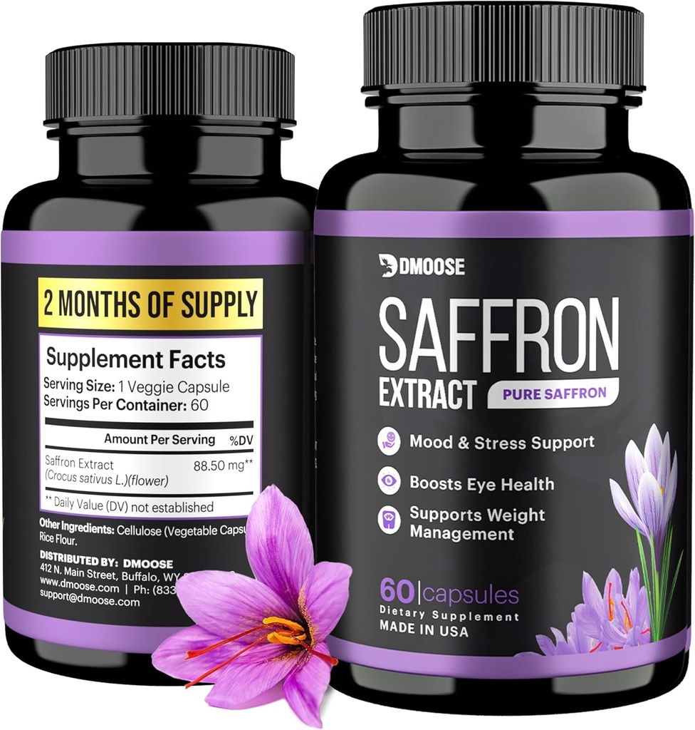 DMoose Saffron Extract (88.5 mg) - Enhance Energy, Support Eye Health - Non-GMO Saffron Supplement for Men & Women - 60 Capsules (2 Months Serving) (60 Count)