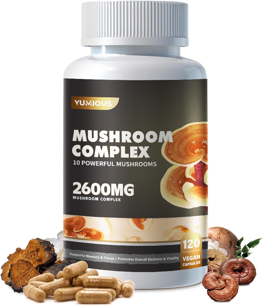 Mushroom Kompleksi Tamam 2600 mg, 120 Capsules - 10 Mushrooms - Reishi, Aslanlar Mane, Cordyceps, Chaga, Türkiye Tail, Maitake, Shiitake, Oyster Nootropic Kompleksi