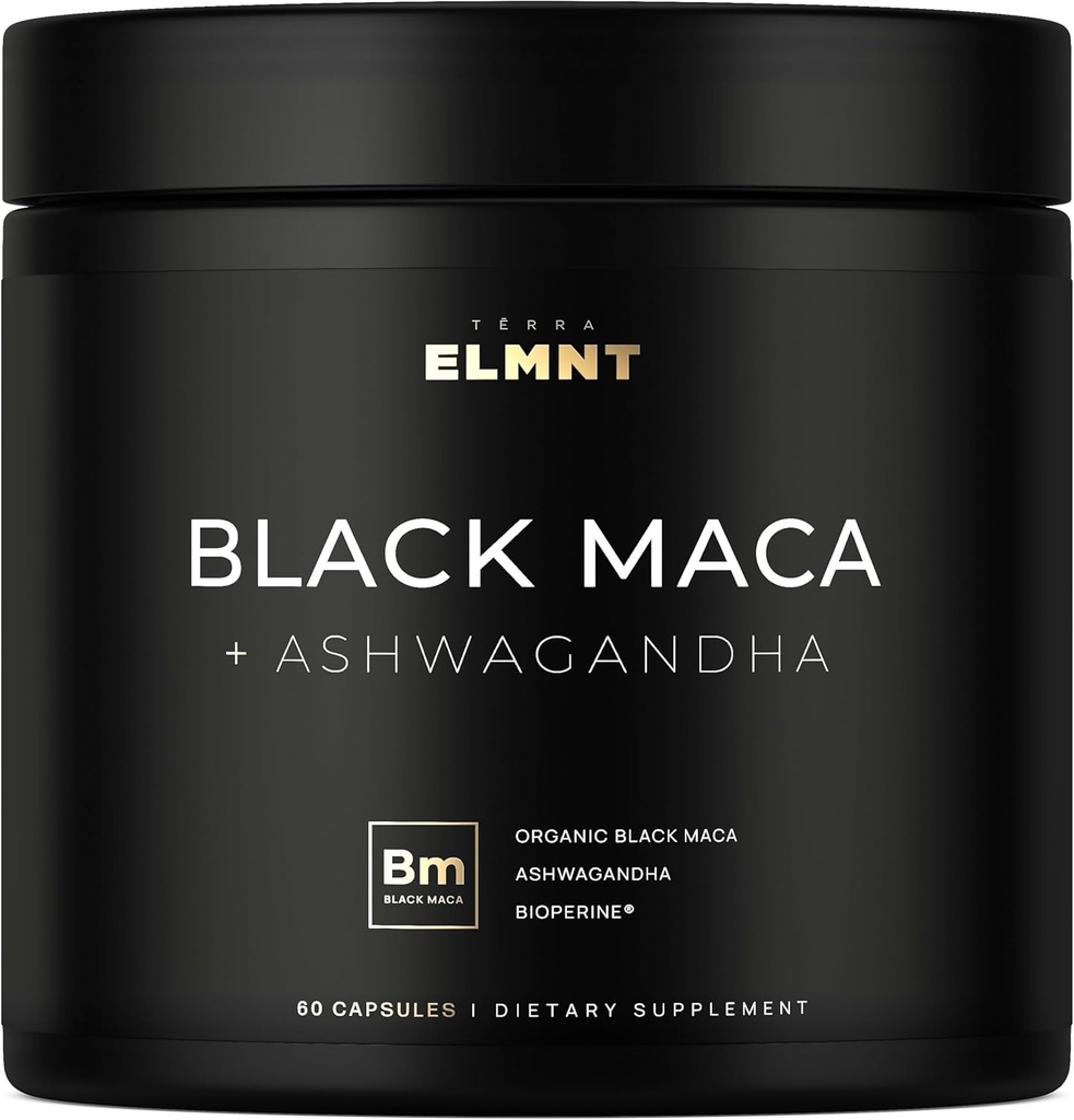 ELMNT 40.000 mg 40x Strength Organic Black Maca Root w. Ashwagandha - #1 En yüksek Potency Black Maca Root Capsules for Men Supplement 40:1 Extract - 100% Pure Maca Peruana Maca Toz Pills Gelatinized