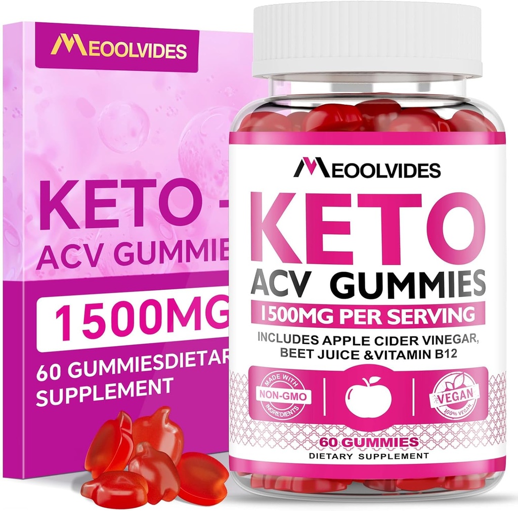 Keto ACV Gummies - Apple Cider Vinegar ile B6 & B12, Vegan, Gelatin-Free, Keto Support, Detox Cleanse, Non-GMO, for Men & Women, 60 Count