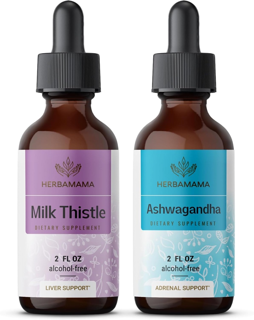 HERBAMAMA Herbal Liquid Drops Kit - Süt Butle Ekstraksiyon & Ashwagandha Root Tincture 2 fl oz - Vegan, Non-GMO, Sugar & Alkol-Free - 2 Pack