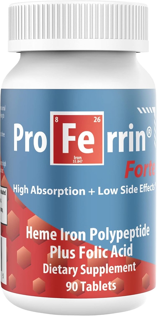Proferrin Forte-12mg υψηλής απορρόφησης Heme Iron Polypeptide. Εύκολη για την κόγχη 90 δισκία. 1mg φολικό οξύ για να βοηθήσει στην παραγωγή ερυθρών κυττάρων αίματος. Δεν επηρεάζεται από καφέ, ασβέστιο, ή PPI του.