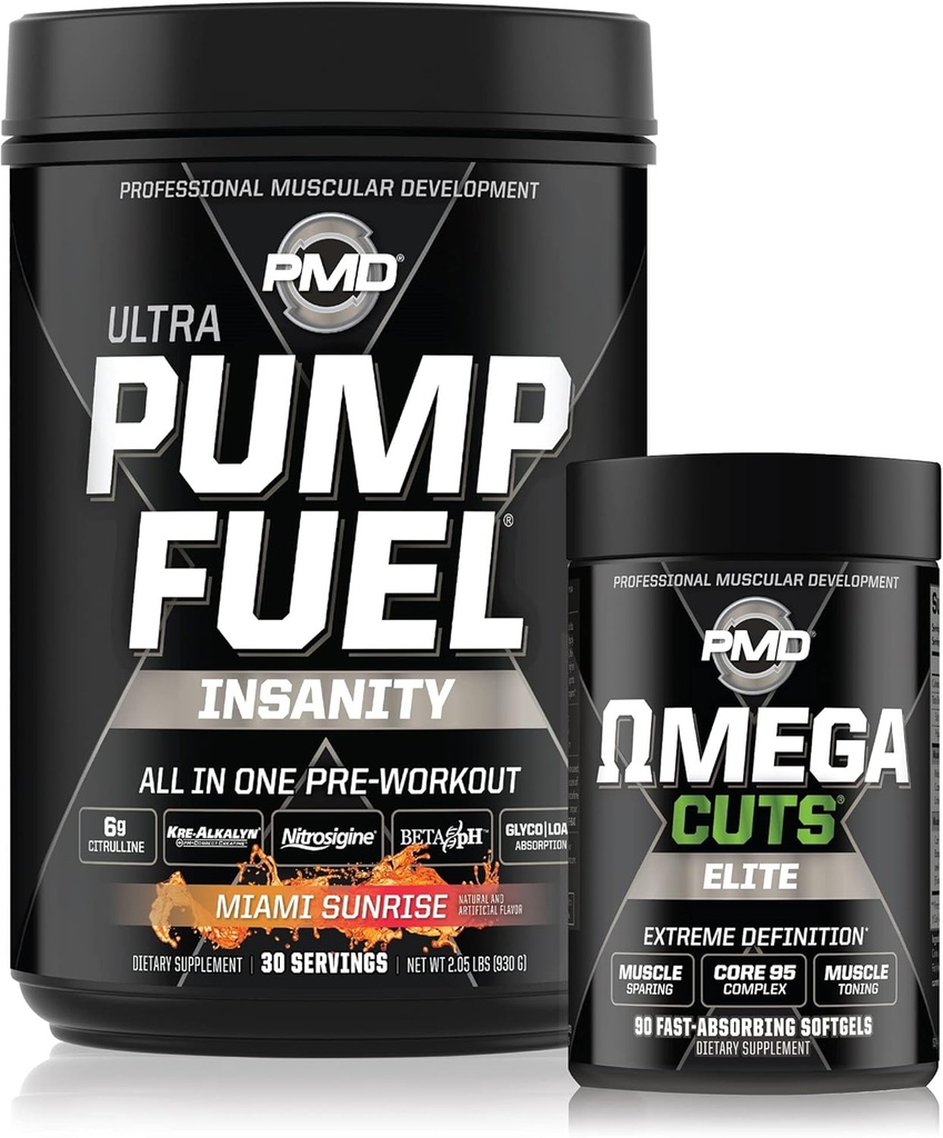 Αθλήματα PMD Αθλητισμός Ultra Αντλία Fuel Insanity - Προ προπόνηση - Miami Sunrise (30 υπηρεσίες) & PMD Αθλητισμός Omega κόβει Elite Θερμογόνο Fat Burner (90 Softgels)