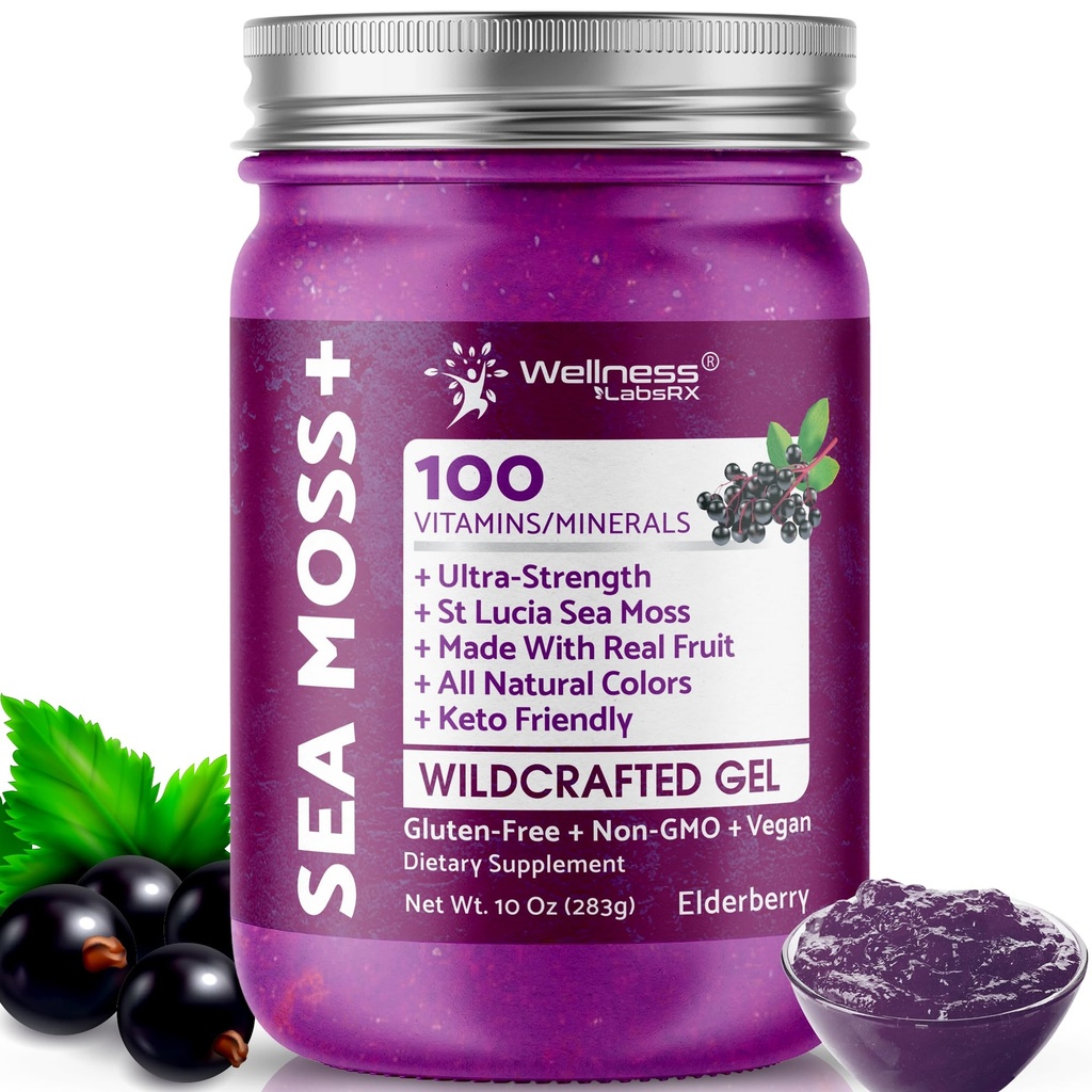 WELNESS LABSRX Irish Sea Moss Gel Raw - Wildcraft Superfood Seamoss Gel - Elderberry Flavor, Vitamin and Mineral-Rich from Pristine Caribbean Waters, Immune and Digestive Health Support - 10 oz.
