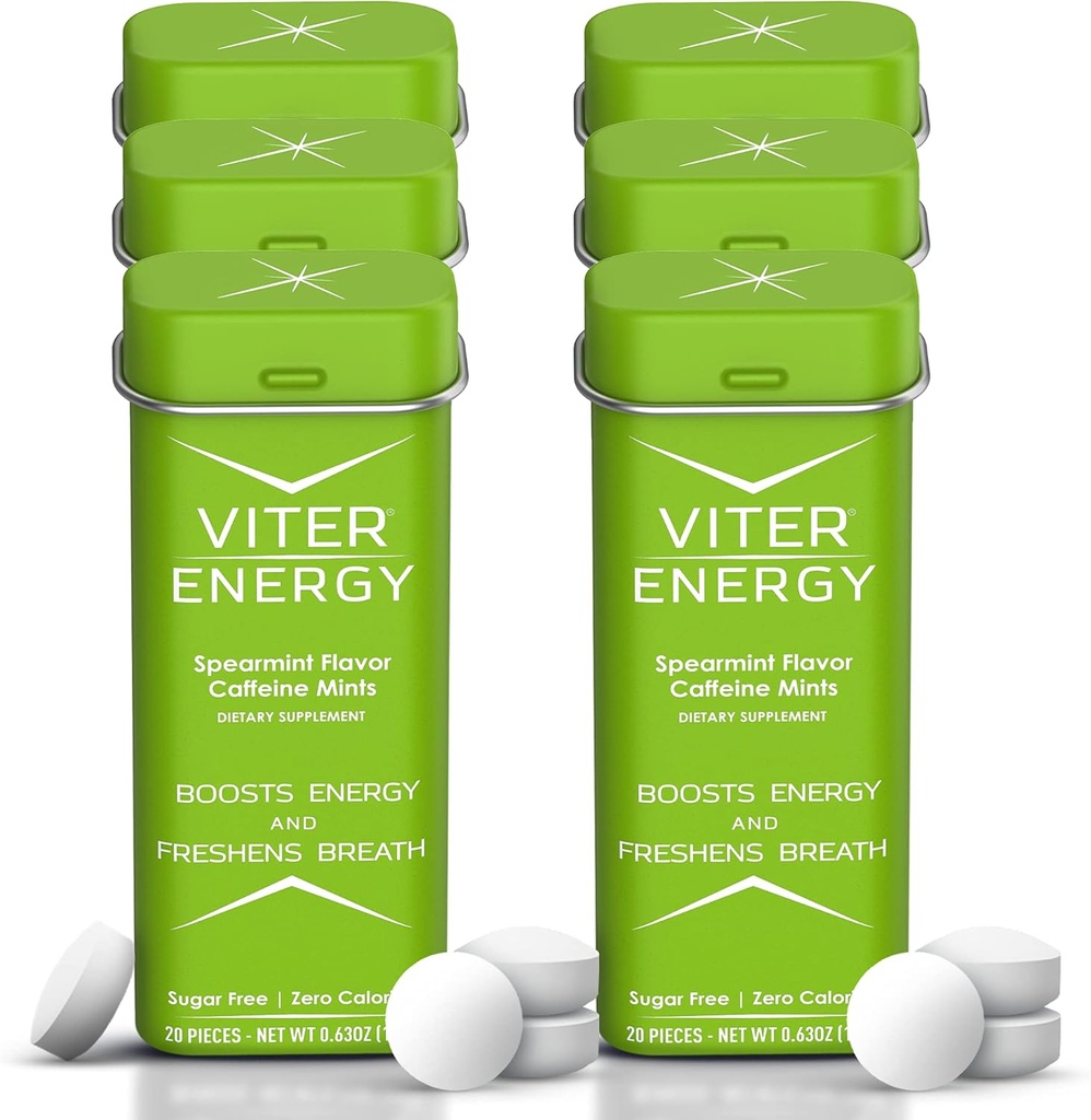 Viter Energy 40 mg Caffeine Mints - Sugar Free, B Vitamins, Vegan, Boosts Fast Energized Alert Focus, Caffeinated Nootropic Supplement Pills (Spearmint Flavor, 20par, 6 Pack, 120par)