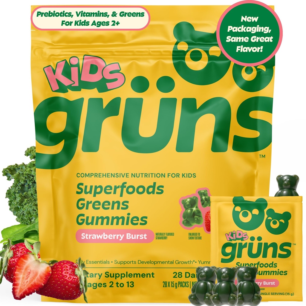 Çocuklar için Çokvitamin, Super Greens Gummies, Superfood Gummy Bears 20+ Vitamins & Minerals, Spirulina, Chlorella, Prebiyotiks Fiber for Digestive Health, Adaptogens Supplement, 28 gün Supply Gummy Bears