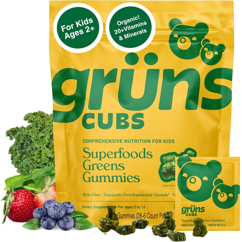 Çocuklar için Çokvitamin, Super Greens Gummies, Superfood Gummy Bears 20+ Vitamins & Minerals, Spirulina, Chlorella, Prebiyotiks Fiber for Digestive Health, Adaptogens Supplement, 28 gün Supply Gummy Bears