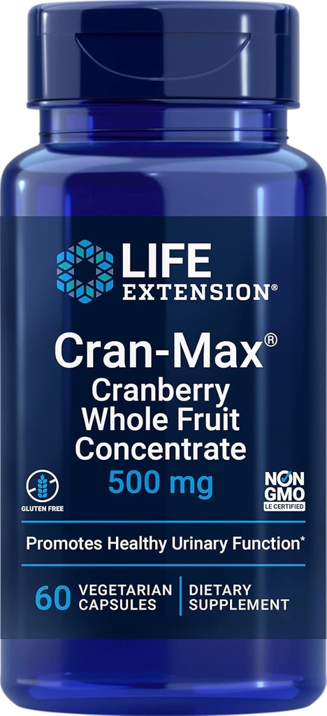 Life Extension Cran-Max®, 500 mg, Cranberry Whole Fruit Yoğun antioksidan, Gluten-Free, Vegetarian, Non-GMO, 60 Capsules