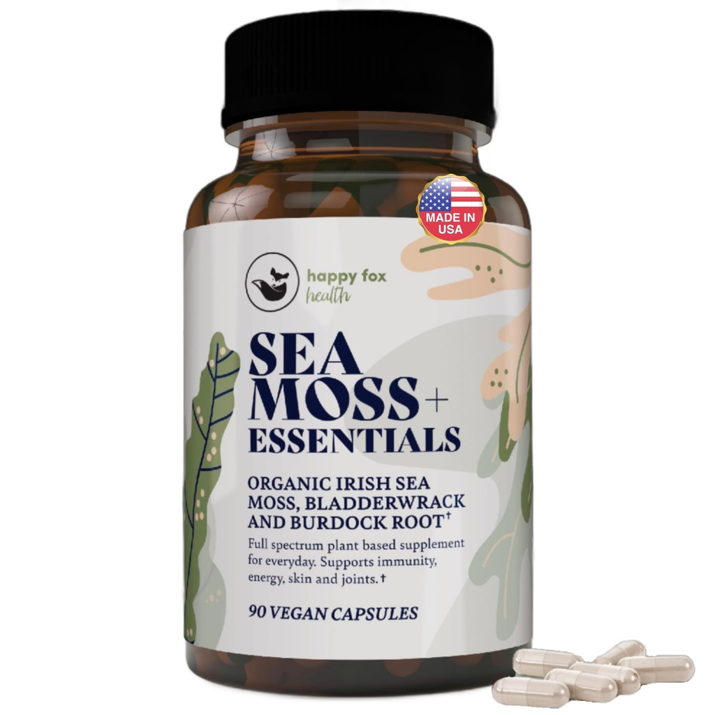 HAPPY FOX İrlandalı Deniz Moss Capsules with Burdock Root & Bladderwrack - Denizmoss Gummies veya Toz, 90 Vegan Capsules, USA'da Made in USA