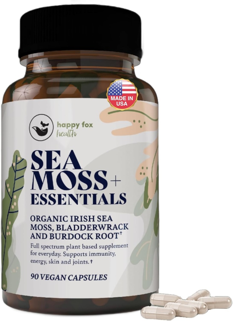 HAPPY FOX Irish Sea Moss Κάψουλες με Burdock Root & Bladderwrack - Εναλλακτική για Seamoss Gummies ή σκόνη, 90 Vegan Caps, Κατασκευασμένες στις ΗΠΑ