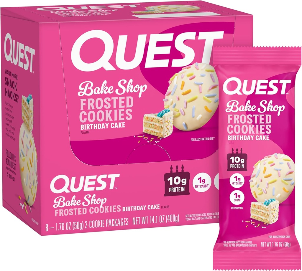 Quest Nutrition Frosted Cookies Twin Pack, doğum pastası, 1g Sugar, 10g protein, 2g Net Carbs, Gluten Free, 8 Count(Pack of 1)
