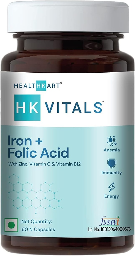 Sağlık k Iron + Folic Asit Supplement, çinko, C & Vitamin B12, Destekler Kan Binası, Immunity and Energy, 60 Iron Folic Acid Capsules