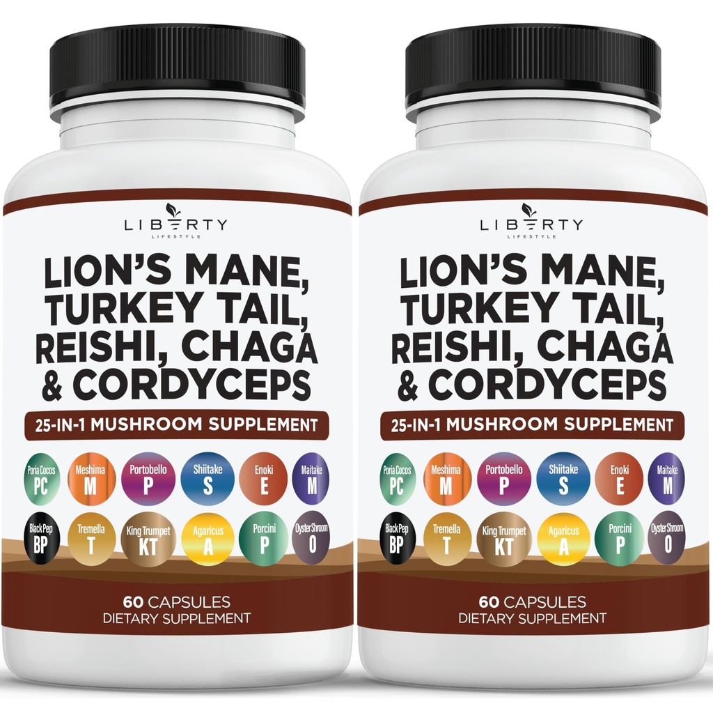 Lions Mane Mushroom Supplement with Turkey Tail Reishi Cordyceps Chaga with Marshmallow Root - 2Pack