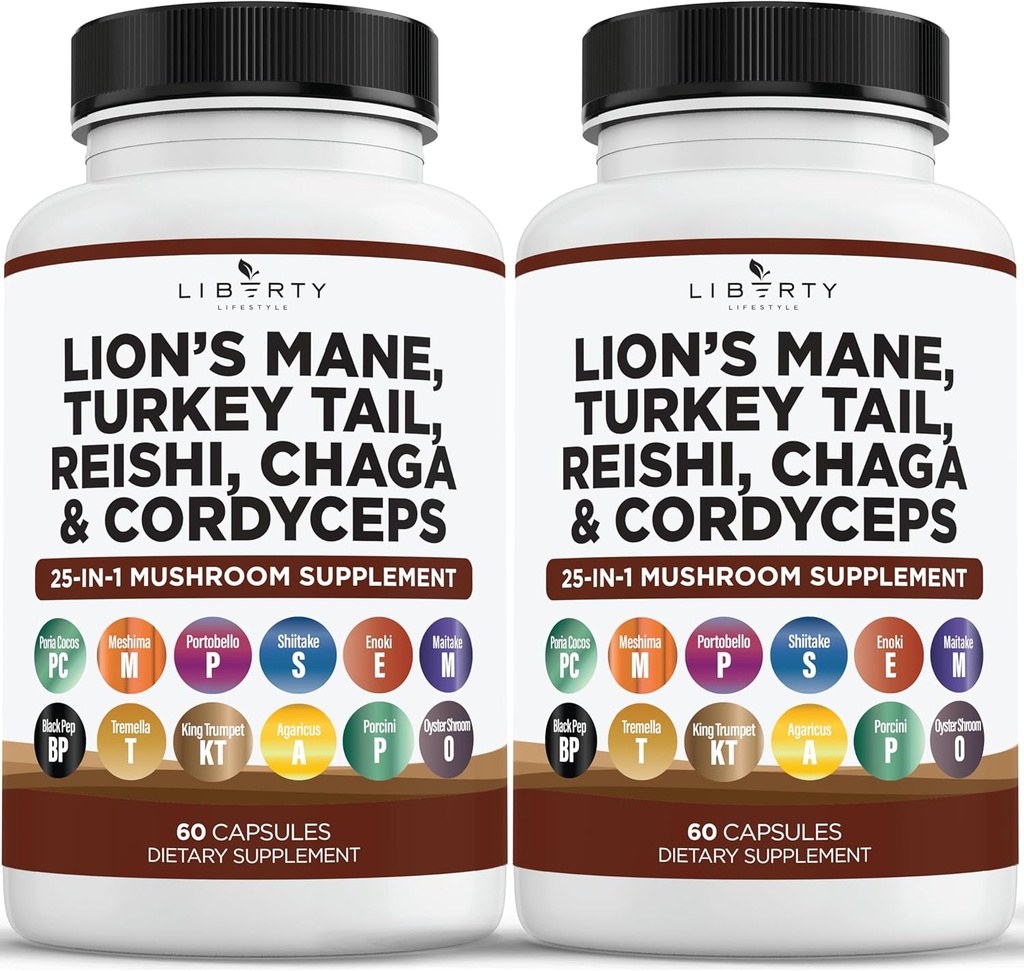 Lions Mane Mushroom Supplement with Turkey Tail Reishi Cordyceps Chaga with Marshmallow Root - 2Pack