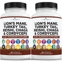 Lions Mane Mushroom Supplement with Turkey Tail Reishi Cordyceps Chaga with Marshmallow Root - 2Pack