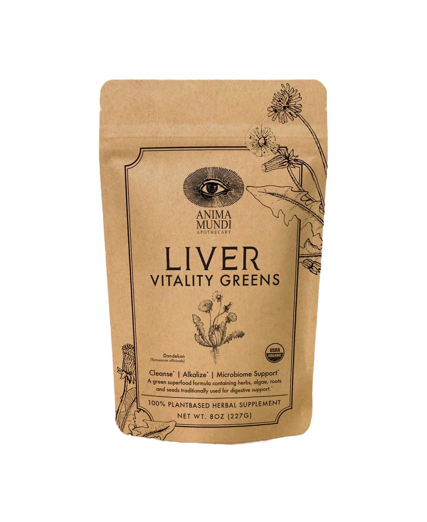 Anima Mundi Αποθετήριο Super Greens σε σκόνη - Liver Vitality - Organic Superfood Greens & Herbal Prebiotics for Liver Detox, Cleanse & Support - with Fair Trade Dandelion, Milk Thistle & More (8oz)