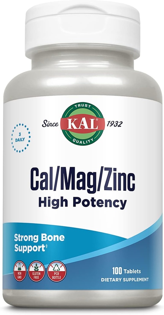 KAL Cal/Mag/Zinc | 1000 mgelli, 400 mg & 15mg çinko | Bone, Muscle, Heart & Immune Support | 100ct, 33 Serv