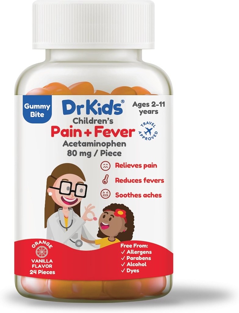 Dr. Kids Παιδικός πόνος και πυρετός Gummy Bite - Μασώμενο Acetaminophen για παιδιά Ηλικίες 2-11, Προ-Μέτρα μαλακά μάσημα για πονοκέφαλο, πονόλαιμο, κρύο και γρίπη, πορτοκαλί βανίλια γεύση, 24 κόμης (πακέτο του 1)