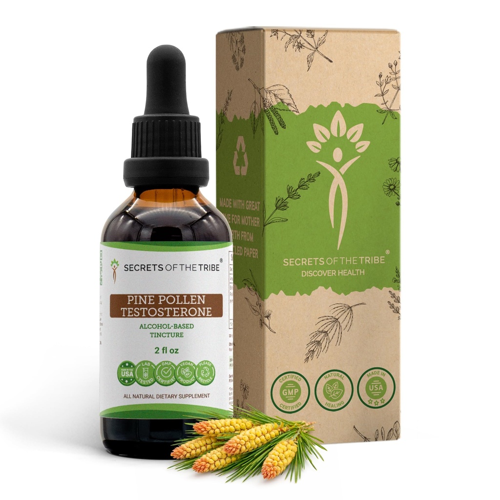 Secrets of the Tribe Pine Pollen Testosterone Tincture Alcohol Extract, Wildcrafted Pine Pollen (Scots Pine, Pinus sylvestris) Dried Pollen 2 oz