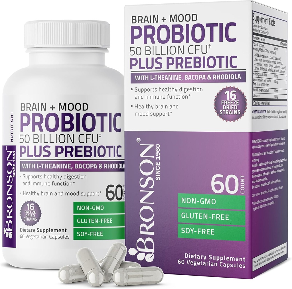 Bronson Beyin + Mood Probiyotik 50 Milyar CFU Plus L-Theanine, Bacopa ve Rhodiola Non-GMO, 60 Vegetarian Capsules
