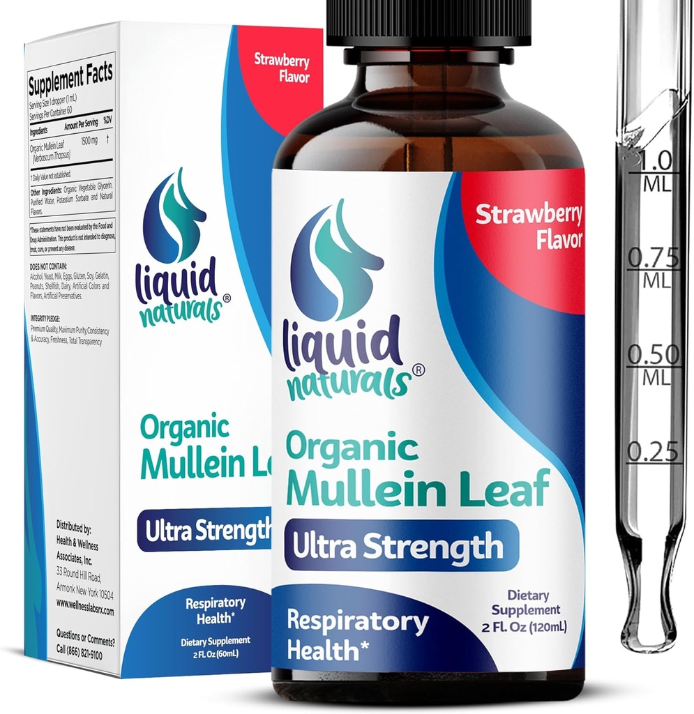 Lungs için Mullein Drops, 2 Fl. Oz, Lungs Strawberry Flavor, Mullien Lung Detox ve Cleanse için Mullen Tincture Desteği