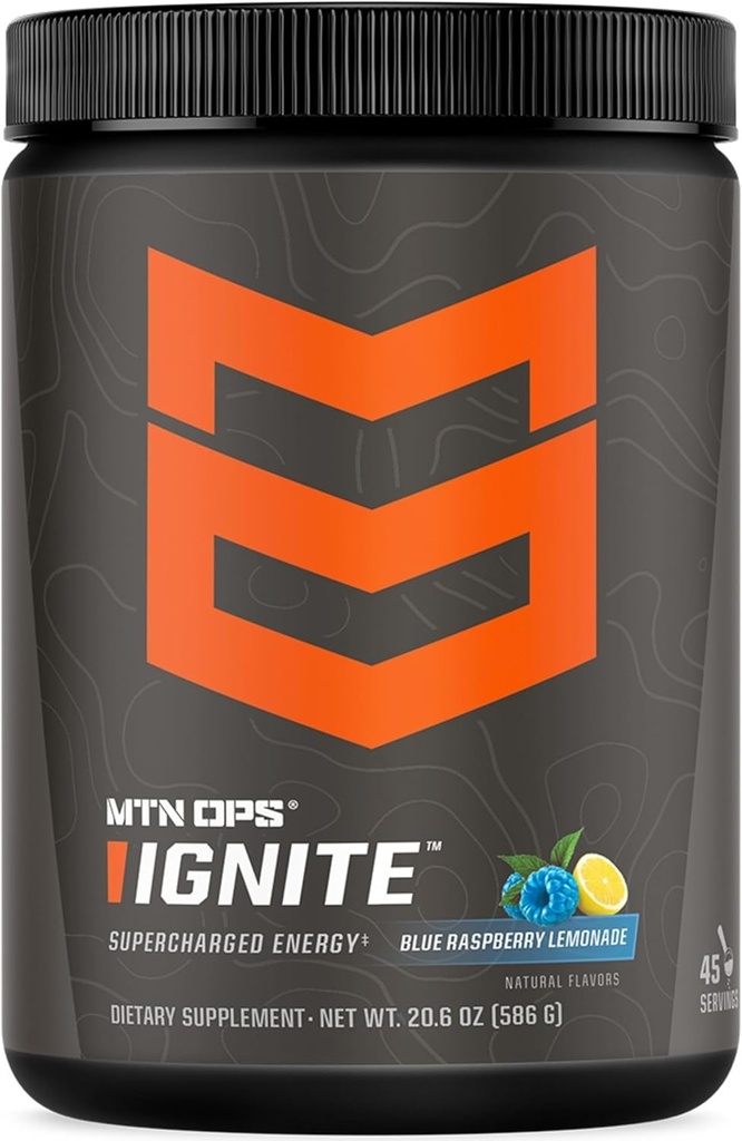 MTN OPS Ignite Energy Drink Toz, Gluten Free Nootropic Supplement Drink Mix, L Arginine, L Citrulline, Caffeine & Nootropic Sugar Free Drink Mix, 45 hizmet, Blue Raspberry Lemonade