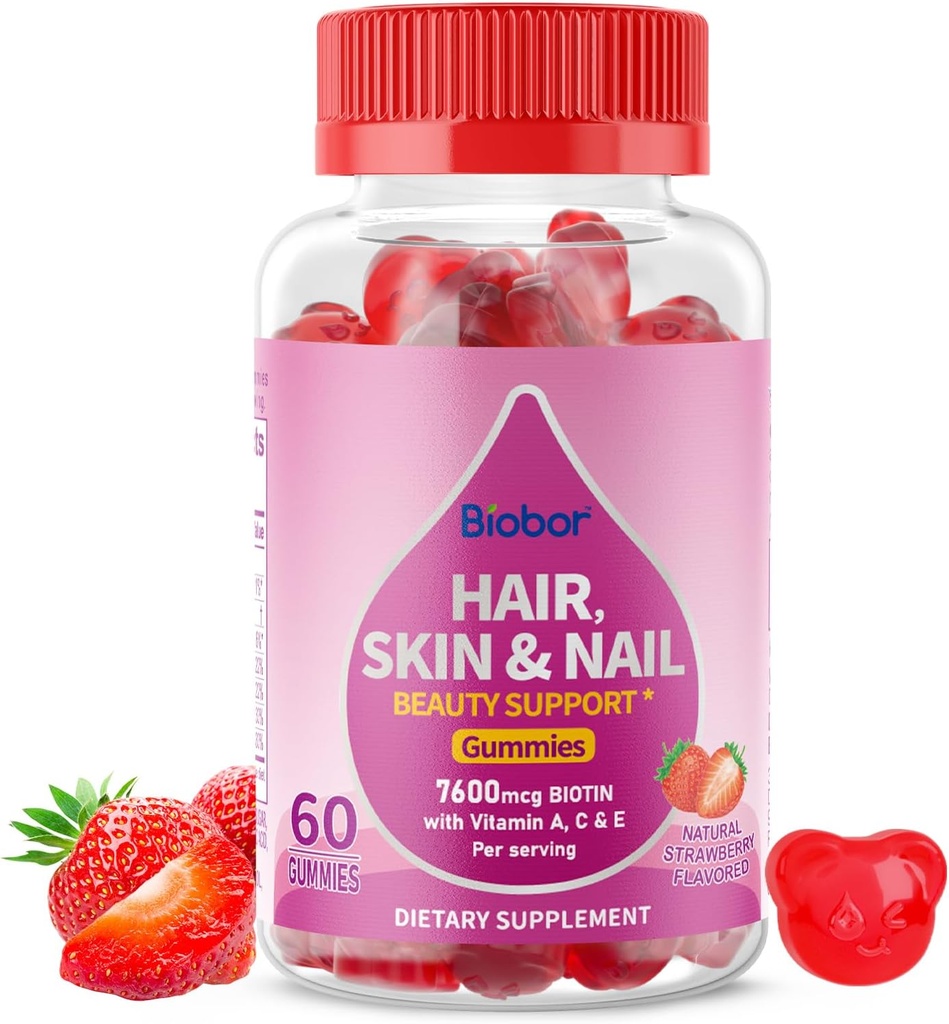 Doğal Saç Cilt ve Çiçeği Gummies, 760006 Biotin Gummies for Women Men Beauty Support, Non-GMO (Strawberry Flavor, 60 Count)