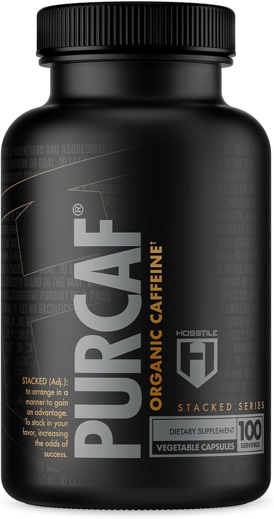 HOSSTILE PurCaf Organik Caffeine Capsules, Natural Energy Supplement, No Crash veya Jitters, Pre Workout Focus & Energy, 200 mg Per Service, 100 Pills