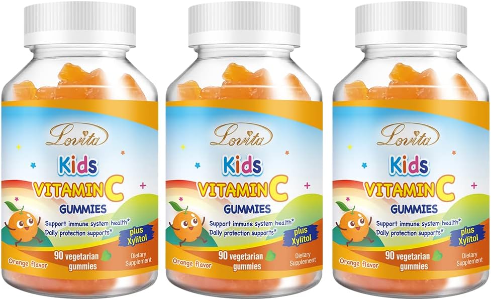 Lovita Vegan Vitamin C Gummies για τα παιδιά, Μεγάλη Φόρμουλα με βάση τα φυτά γεύσης, ανοσοποιητική υποστήριξη λειτουργίας με βιταμίνη C 150mg ανά καθημερινή εξυπηρέτηση & ξυλιτόλη, φυσικό πορτοκάλι Γεύση, 90 Gummies (πακέτο των 3)
