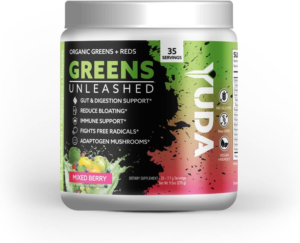 Yuda Organik Yeşiller Unleashed Toz - Antioksi Superfood Karma Berry Immune Support & Gut Health - Low Sugar, Non-GMO & Keto-Friendly Green Supplement - 35 Services (Pack of 1)