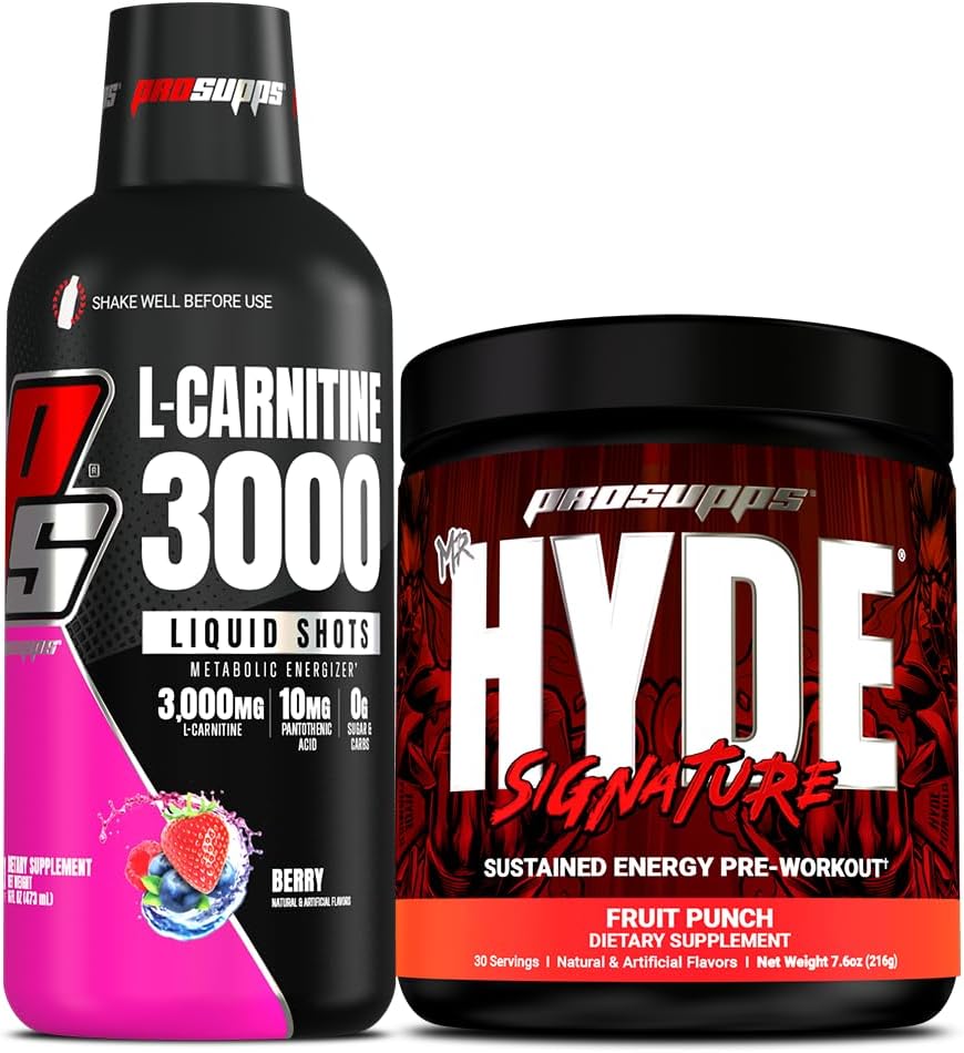PROSUPPS L-Καρνιτίνη 3000 Διεγερτικές Δωρεάν Υγρές Σφηνές (Berry) και ο κ. Hyde Signature Series Pre-Workout Ενεργειακό Ποτό σε σκόνη (Fruit Punch) Bundle