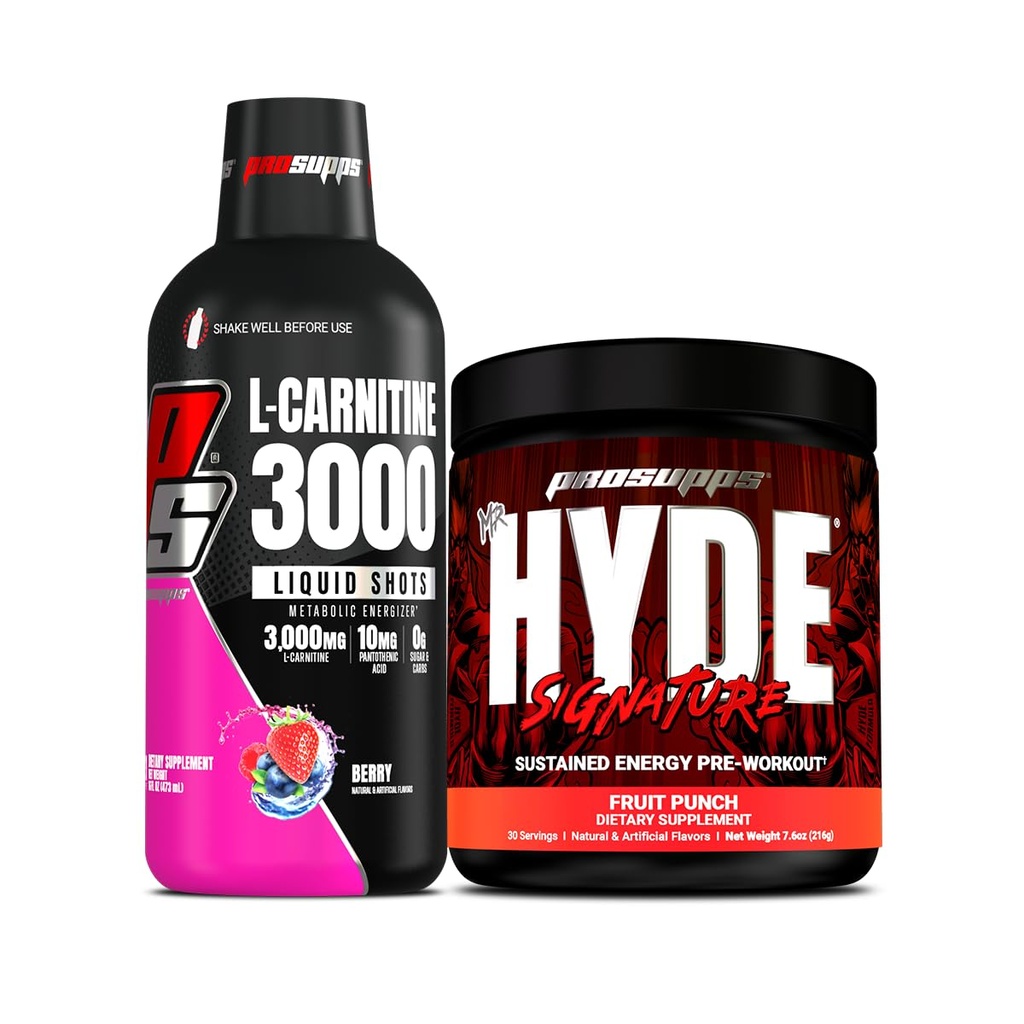 PROSUPPS L-Καρνιτίνη 3000 Διεγερτικές Δωρεάν Υγρές Σφηνές (Berry) και ο κ. Hyde Signature Series Pre-Workout Ενεργειακό Ποτό σε σκόνη (Fruit Punch) Bundle