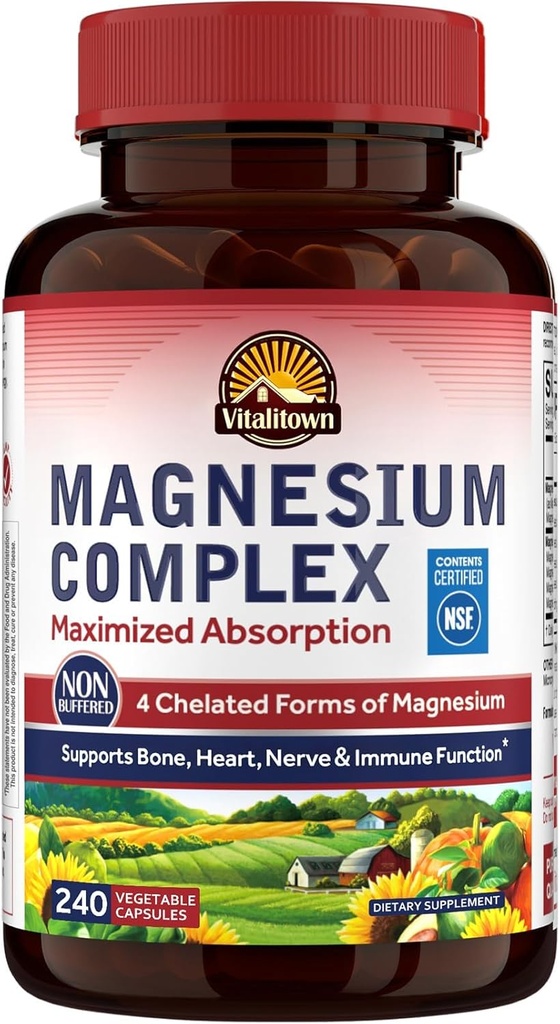 Vitalitown Magnezyum Kompleksi 500 mg, Maximized Abception, NSF sertifikalı Chelated Magnezyum Glycinate, Malate, Taurate & Citrate for Sleep, Energy & Heart, Vegan, Non-GMO 240 Caps